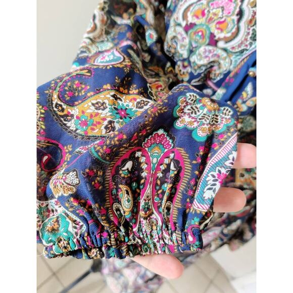 DR2 Multicolor Floral Paisley Midi Dress Long Sleeve Chiffon Belted Size M - Picture 4 of 9